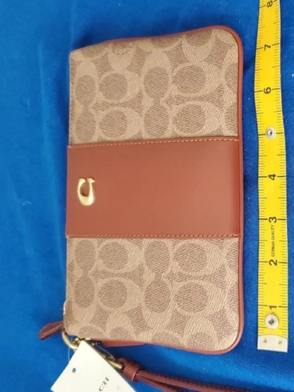 NWT Coach Corner Zip Wristlet Signature Canvas Brown Tan Gold Hardware